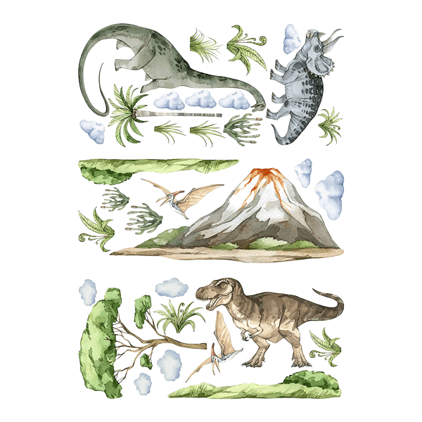 Vinilos Infantiles: Dinosaurios en aventura jurásica con nubes y árbol