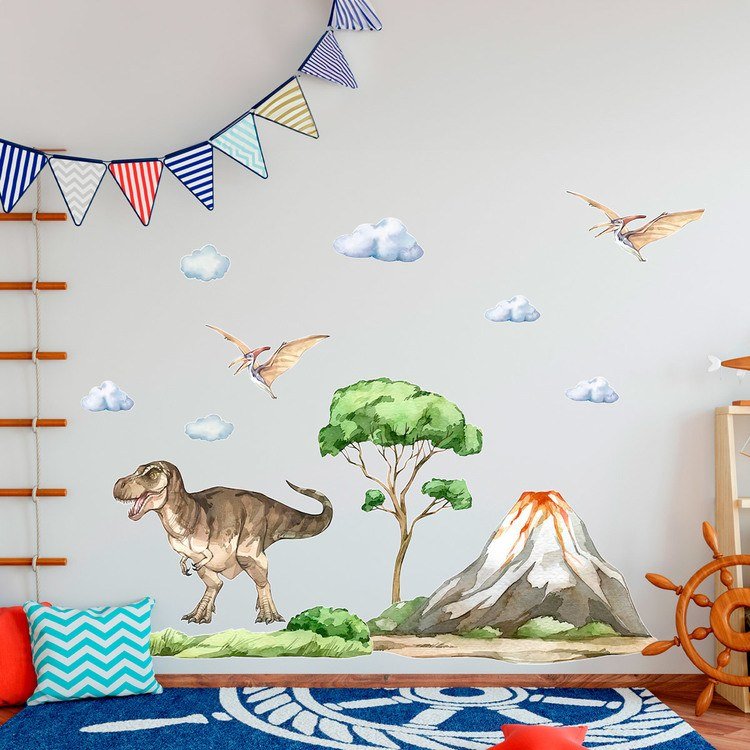 Vinilos Infantiles: Dinosaurios en aventura jurásica con nubes y árbol