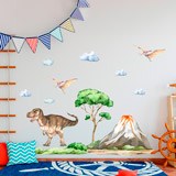 Vinilos Infantiles: Dinosaurios en aventura jurásica con nubes y árbol 4