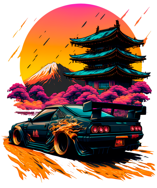 Camisetas: Camiseta de Coche Tuning Drifting con Templo Japon