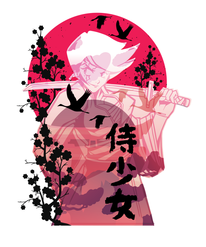 Camisetas: Camiseta Anime con Katana y Cerezo Japonés