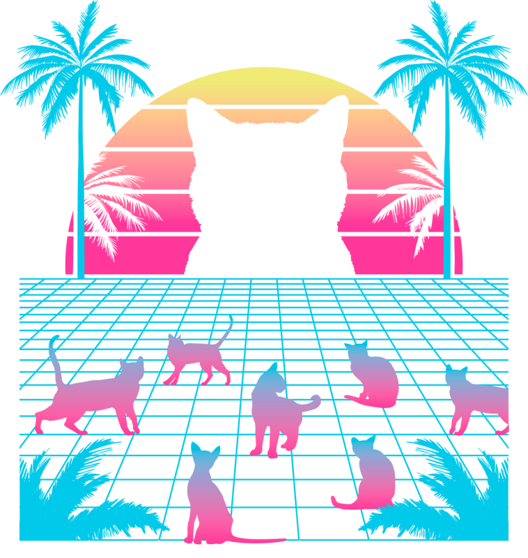 Camisetas: Camiseta Vaporwave con Gatos y Palmeras